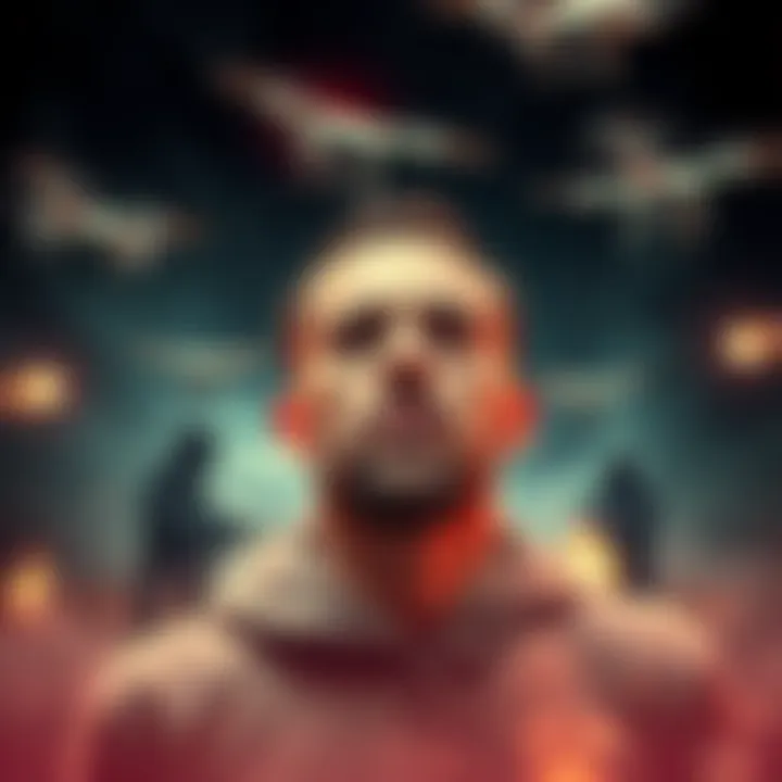 A man overwhelmed by acid, surrounded by drones buzzing in the night sky, with flashes of gunfire in the background and strange figures lurking.