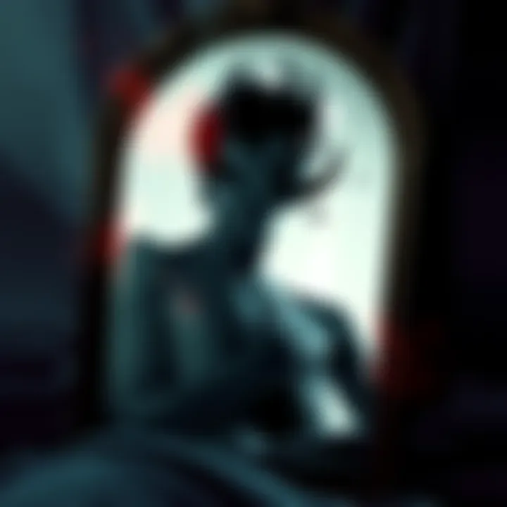 A haunting mirror reflecting a fragmented self, draped in shadows and ethereal light