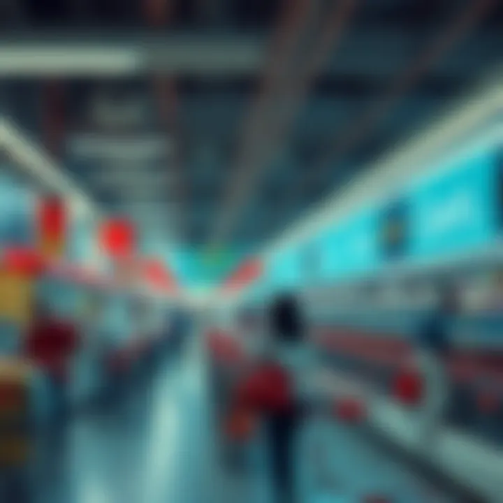 A dreamlike supermarket filled with endless aisles and shopping carts, showing frustrated shoppers with declined cards at checkout counters.