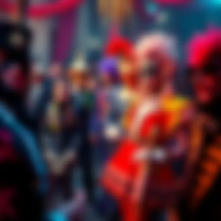 A colorful crowd in elaborate costumes at the Surrealist Ball of 1972, showcasing masks and theatrical outfits.