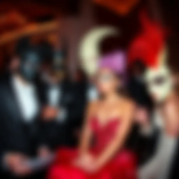 A group of elegantly dressed guests at the 1972 Surrealist Ball wearing elaborate masks, showcasing their unique costumes and setting.
