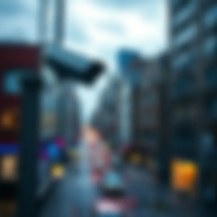 Surveillance Camera Overlooking City A surveillance camera mounted on a pole watches over a busy city street, symbolizing public safety messaging and control.