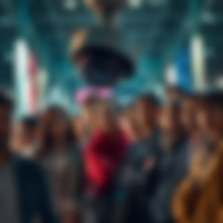 A diverse group of people standing under a watchful security camera, illustrating the impact of surveillance on different nationalities and backgrounds.