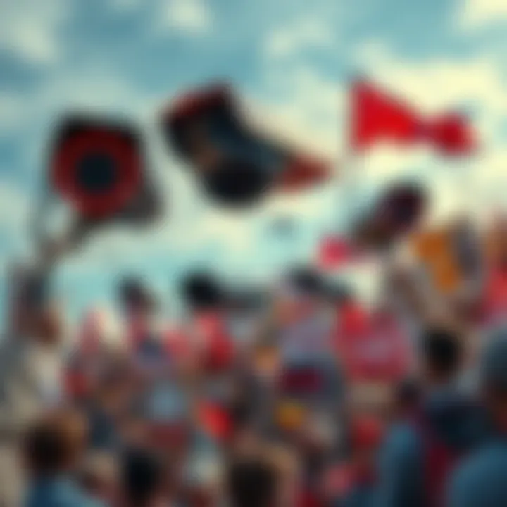 A digital collage representing the clash between technology and civil liberties, featuring protest signs and surveillance cameras