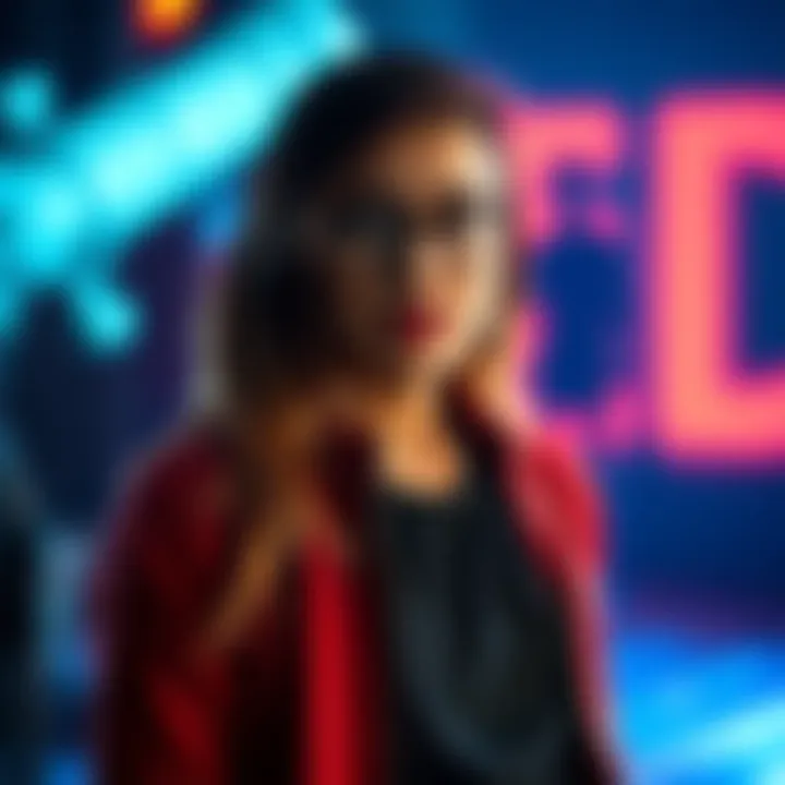 A woman stands in front of a blurred image of a microphone and a celebrity silhouette, representing her experiences with abuse by famous figures.