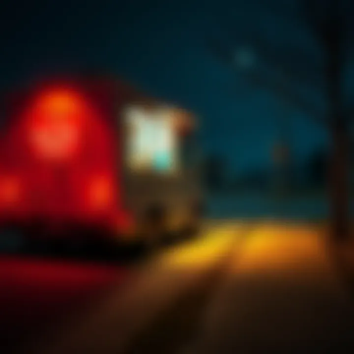 An ice cream truck parked in an empty street at night, lights on and looking out of place, raising concerns about safety.