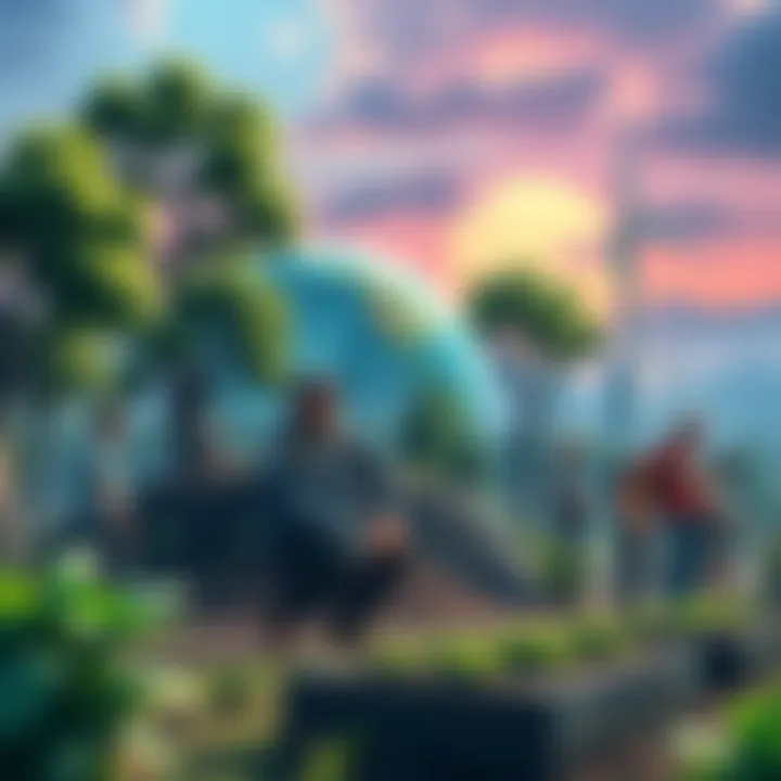 A visual representation of global sustainability goals including people planting trees and building with renewable materials.