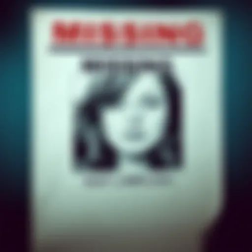 A missing person poster featuring Suzy Lamplugh with a photo and details about her disappearance in 1986.