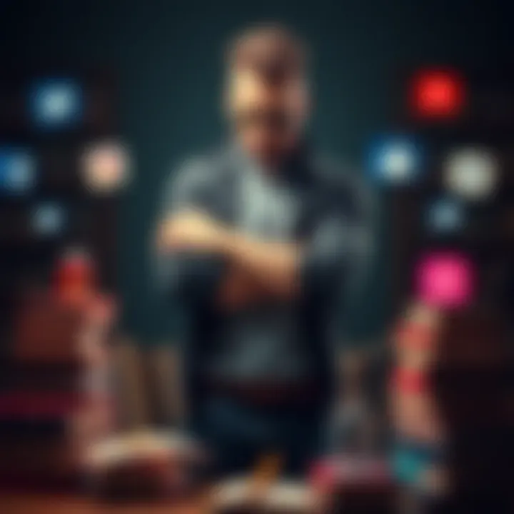 SwaggeringRockstar stands confidently, arms crossed, exuding an air of dominance while surrounded by books and social media icons, symbolizing his critique of shallow reading and online culture.