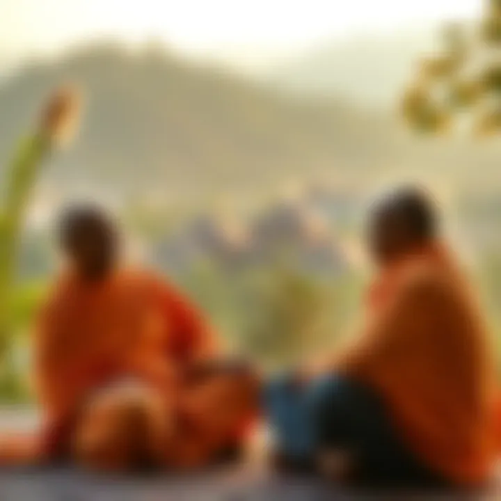 Swami Sarvapriyanda and Alex O'Connor engage in a thoughtful discussion about Advaita Vedanta in a serene setting.