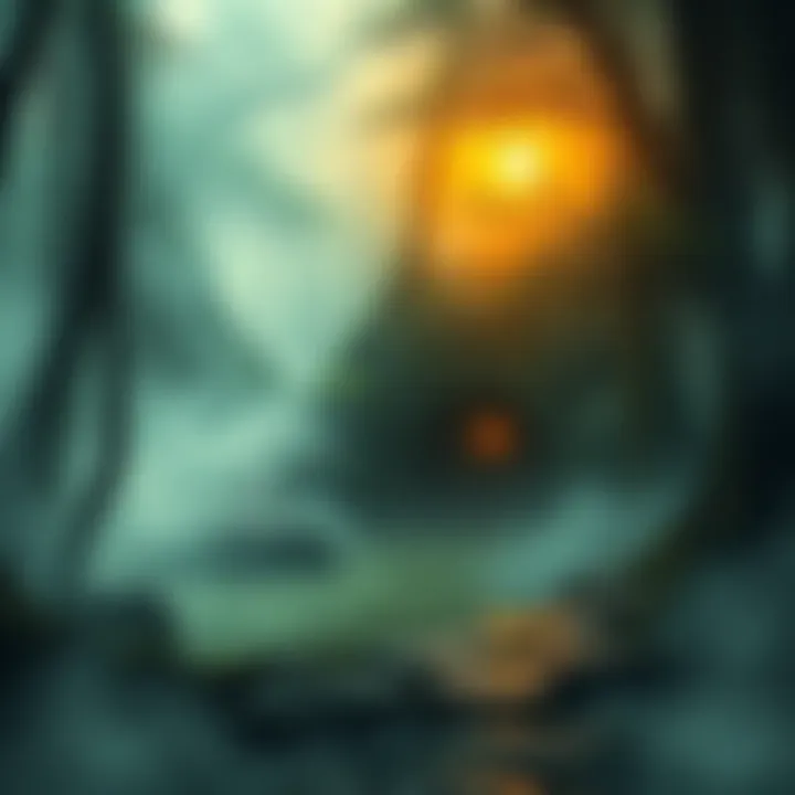 A mysterious swamp with fog, revealing ancient vaults and stone paths shrouded in mist.