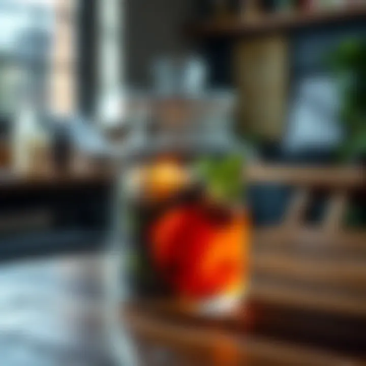 A sweetener jar with herbs and colorful labels sits on a table, symbolizing a spell to reduce workplace tension.