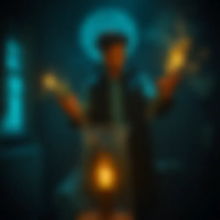 A person standing in a dimly lit room, holding glowing herbs while casting a spell, with symbols around them