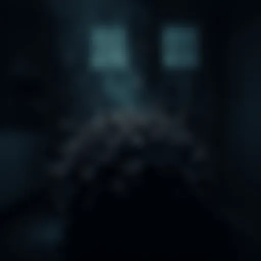 A dark scene showing a swirling mass of jagged splinters in a dimly lit room, creating an eerie atmosphere.
