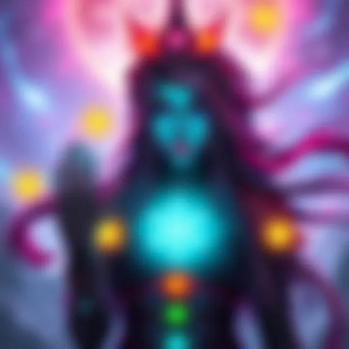 RPG Character Syana in Chakra Realms Syana facing her chakra challenges, with colorful chakra symbols around her, showcasing her different abilities as she fights her Shadows.