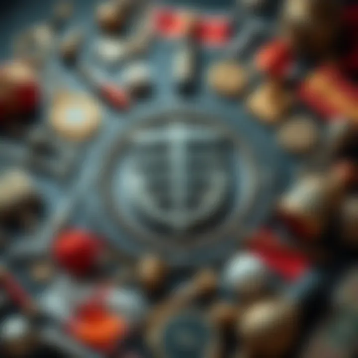 A close-up of a symbol surrounded by various cultural items representing its different meanings.