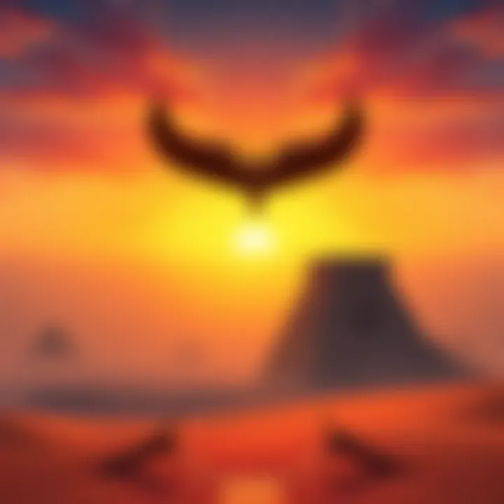 An illustration showing a sun rising over a desert landscape, symbolizing rebirth and new beginnings, with ancient Egyptian symbols in the foreground.