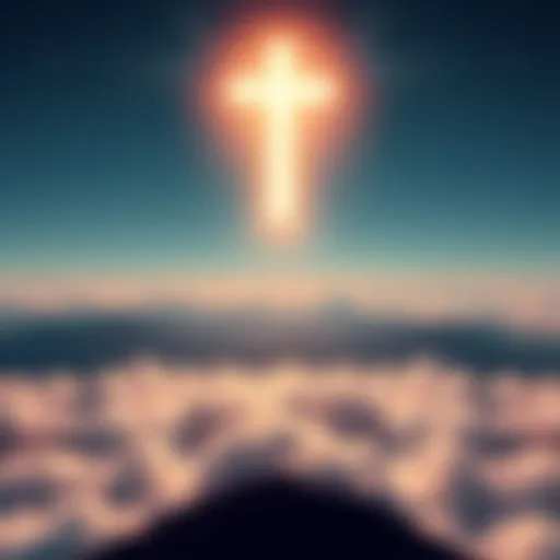 A glowing light above a serene landscape representing a higher power, surrounded by clouds and stars.