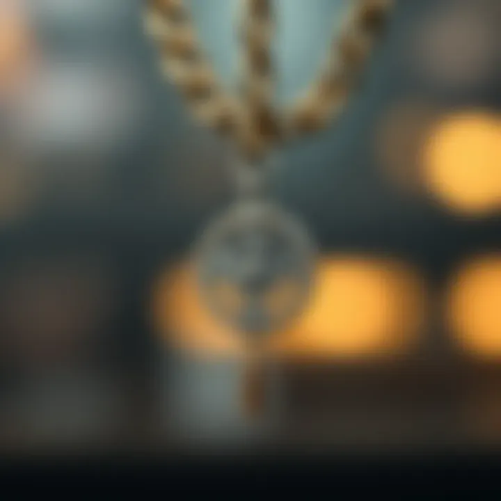 Symbol on a Chain A close-up of a decorative chain with a unique symbol hanging from it, showcasing its intricate design and craftsmanship.
