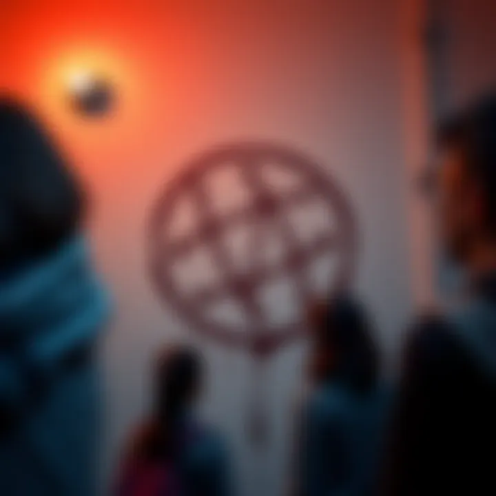 A close-up view of a strange symbol painted on the wall in student accommodation, with students observing it curiously.