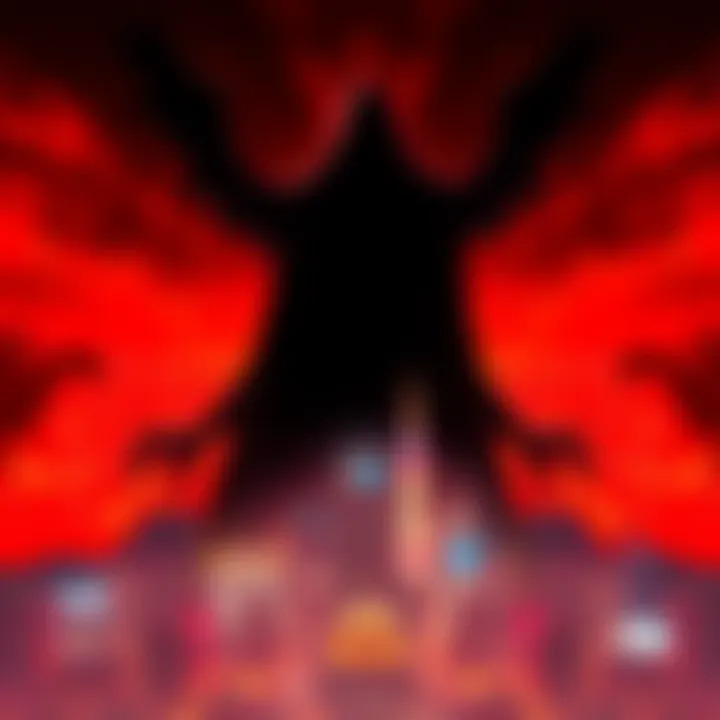 A dark, shadowy figure looming over a bright city, representing the contrast of evil and good in society.