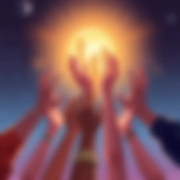 Symbolic Representation of Oneness An illustration showing diverse hands reaching towards a glowing orb, symbolizing unity and connection among different beings.
