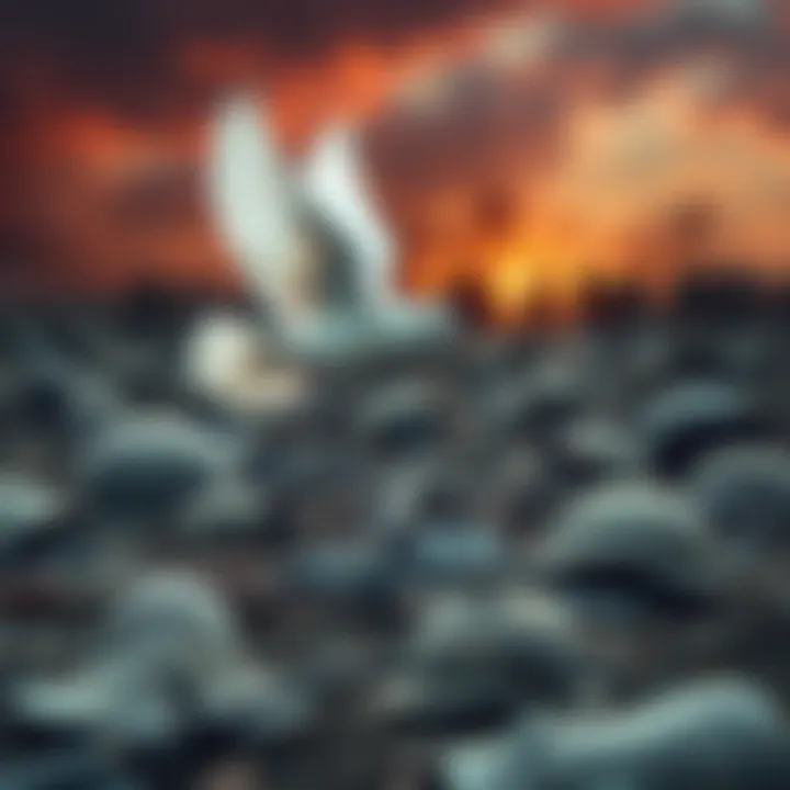 A white dove flying over a battlefield littered with symbols of war, like helmets and broken weapons, representing the contrast between conflict and hope.