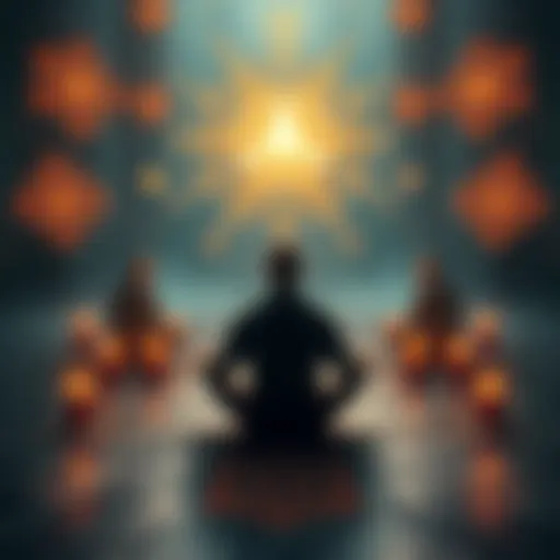 A person meditating surrounded by symbols representing collective consciousness and thought, with a glowing letter Yod above them.