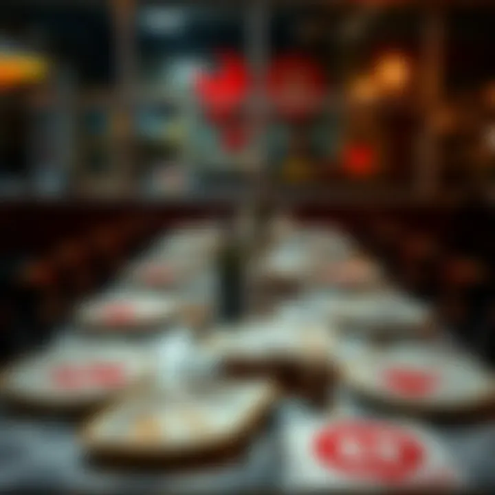 A table set with various plates, featuring strange symbols on the menu and decor, highlighting unique dining experiences