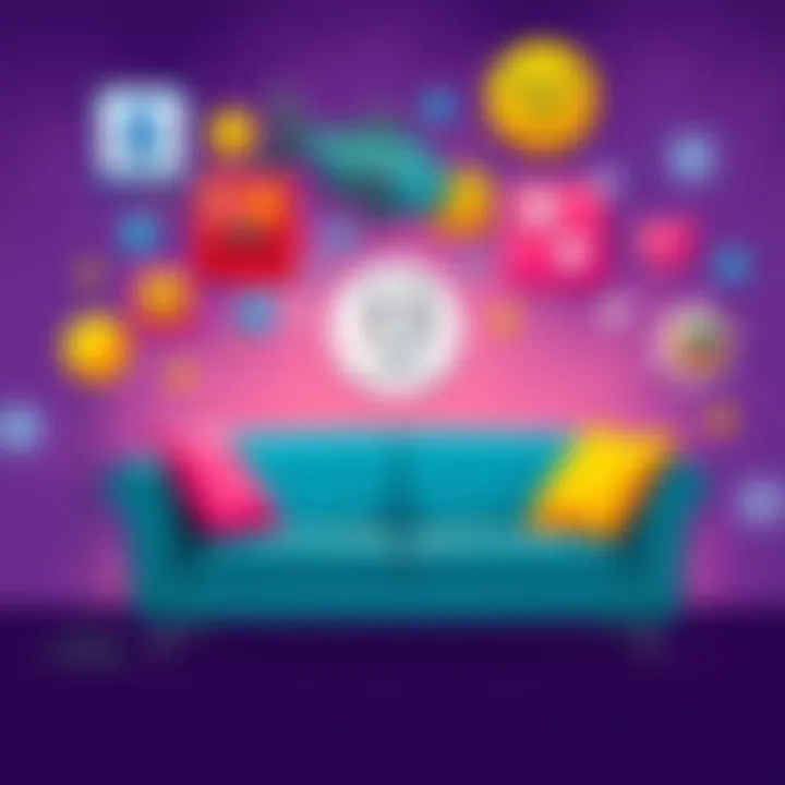 Symbols of Emotion in Art A colorful illustration featuring icons like a couch, fish symbol, crying face, and sparkling stars representing emotional connections in art.