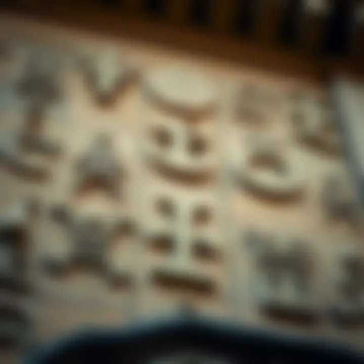 Close-up view of symbols carved into a historic building in the UK, showcasing various designs and details.