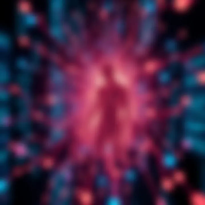 A digital representation of a human figure surrounded by abstract data streams, symbolizing the idea of existence as synthetic data.