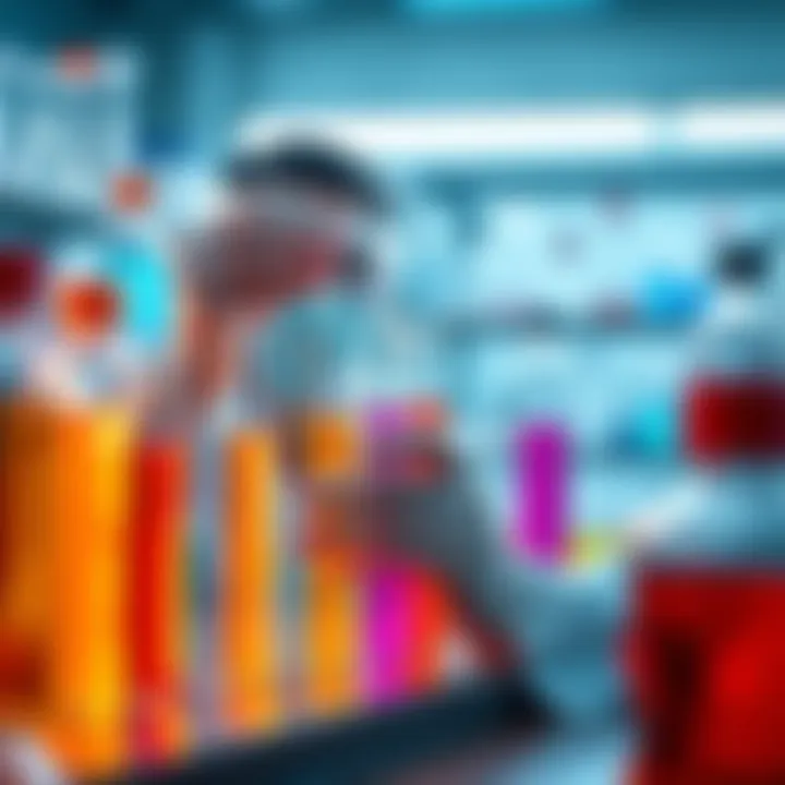 A scientist analyzes synthetic vitamins in a lab setting, showcasing test tubes with bright colored liquids and chemical structures.