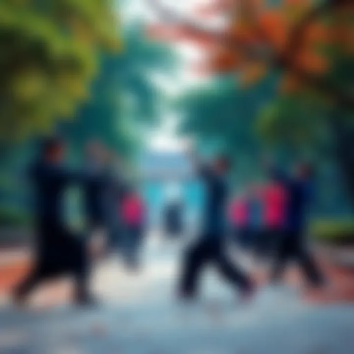 A group of people practicing Tai Chi in a serene park setting, focusing on their movements and posture