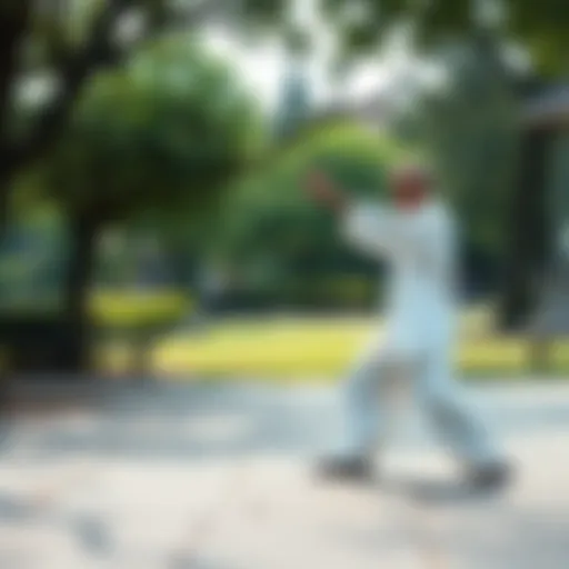 A skilled Tai Chi practitioner demonstrating a traditional move in a serene park setting, surrounded by lush greenery.