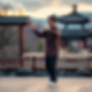 A person practicing Tai Chi with a focus on proper knee alignment and smooth movements in a tranquil outdoor setting