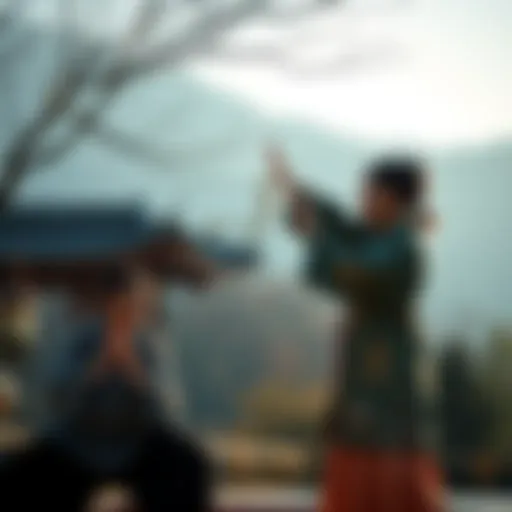 Rebecca practicing Tai Chi with her instructor, Wang Laoshi, in a serene outdoor setting.