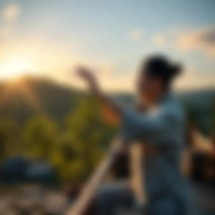 A person practicing Taiji in a serene outdoor setting, preparing for an online certification test.