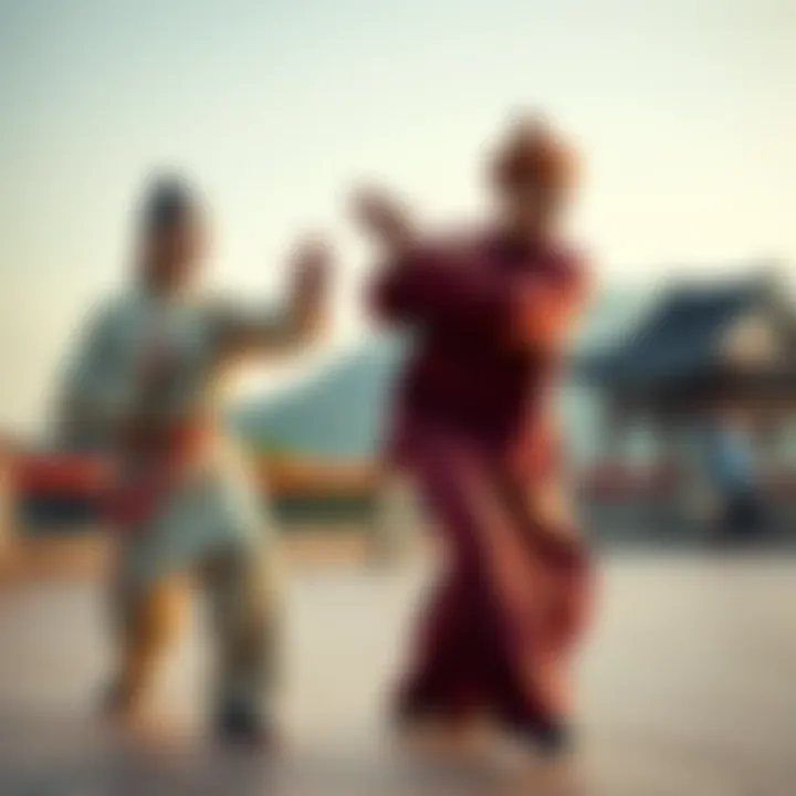 Two practitioners demonstrating Chen Style Taijiquan's first section of Yilu, one in traditional Chenjiagou style and the other in Practical Method style, in an outdoor setting.