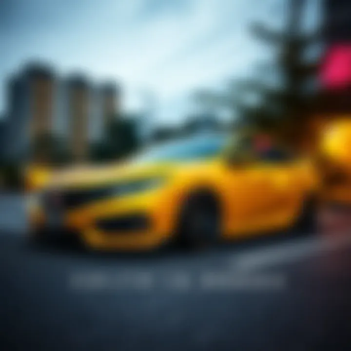 The Banana Peel, a lowrider Honda Civic, parked with a unique design that makes it appear close to the ground, attracting attention.