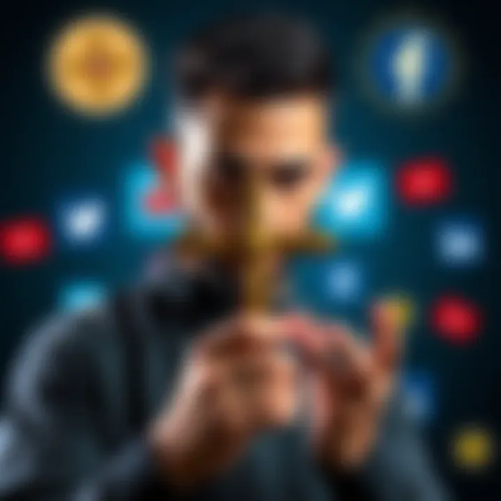 Taleb holding an Orthodox Christian cross, pondering in a thoughtful manner, with social media icons in the background