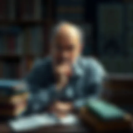 Nassim Nicholas Taleb thinking Nassim Nicholas Taleb contemplating ideas on procrastination, surrounded by books and notes