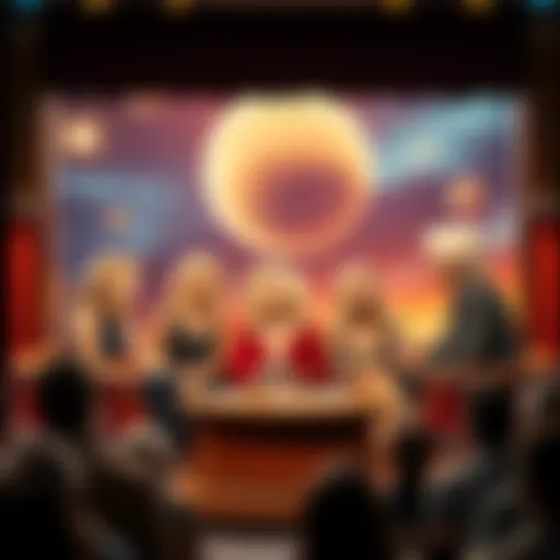 Three blonde individuals on a vintage talk show stage, discussing their claim of being from the planet Arcturus with a curious audience