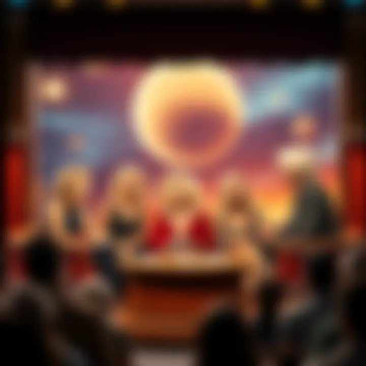 Three blonde individuals on a vintage talk show stage, discussing their claim of being from the planet Arcturus with a curious audience