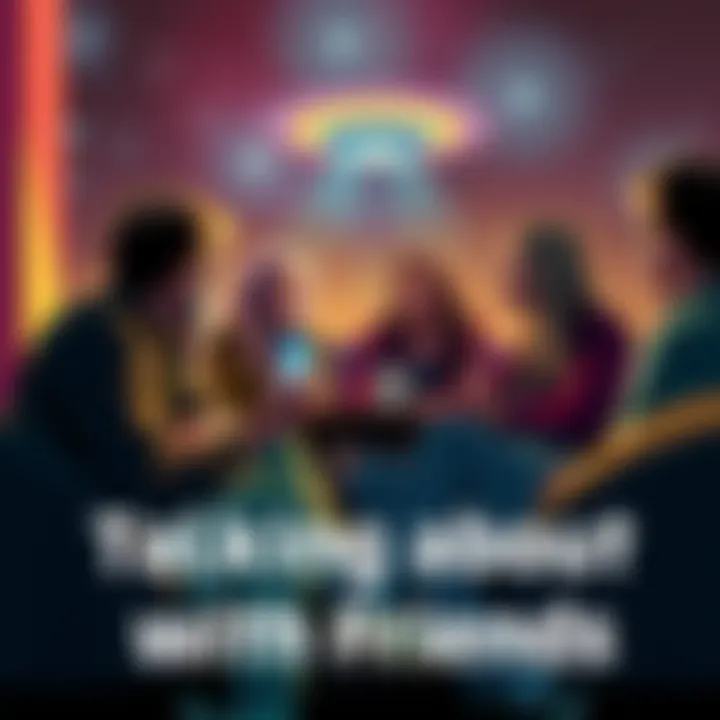 A group of friends sitting together, having a lively discussion about aliens and UFOs, with one person showing a picture of a UFO on a phone.