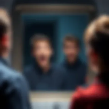 A person stands in front of a mirror where a strange reflection speaks affirmations. The reflection shows a different expression while the person looks surprised.