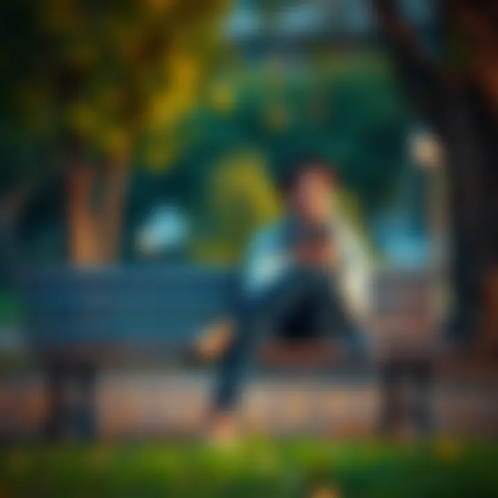 A person sitting on a park bench, looking thoughtful while holding a phone, symbolizing the moment of reaching out for support