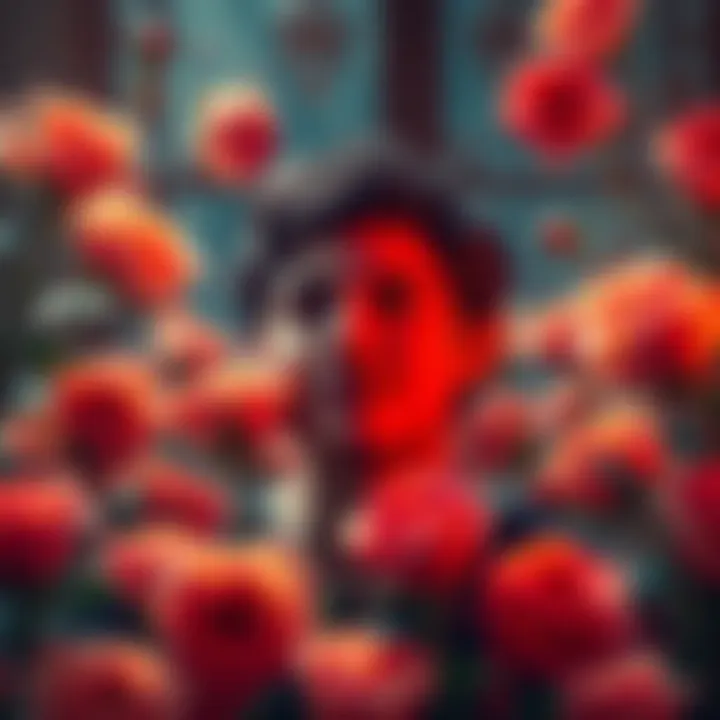 A person surrounded by vibrant roses, each speaking ominously about death, reflecting inner thoughts about self-worth and friendships.