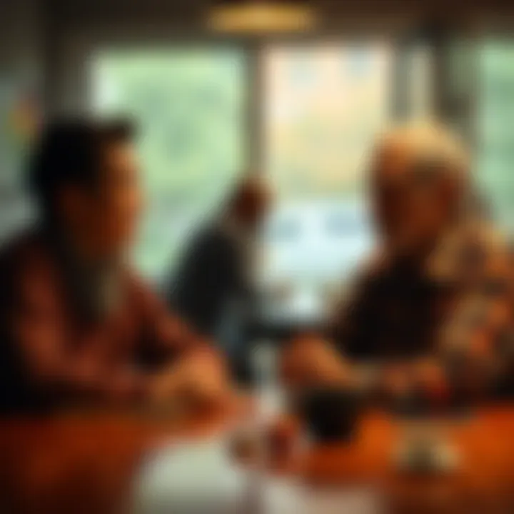 A young adult sitting with their father at a table, discussing faith and beliefs, both looking thoughtful.