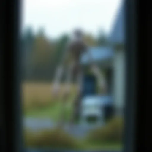 A tall, pale creature with long limbs standing outside a rural home in Nova Scotia, seen through a window screen.